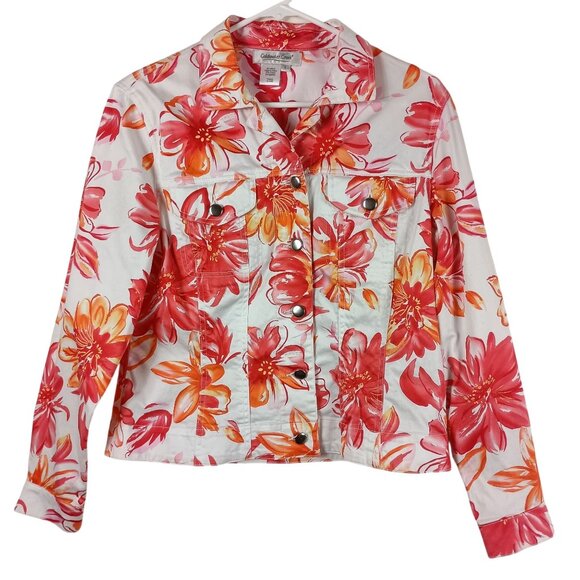 Coldwater Creek Floral Button Up Short Jacket With Bold Vibrant Flowers Size S - Picture 1 of 7